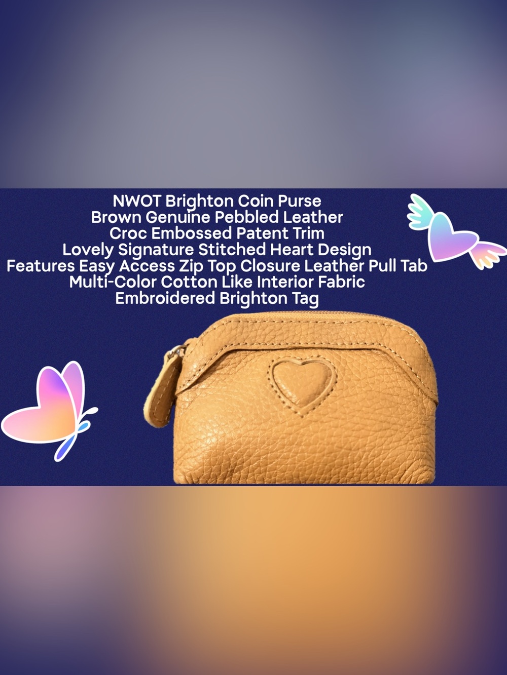 Brighton NWOT Light Brown Pebbled Leather Coin Purse Signature Stitched Heart